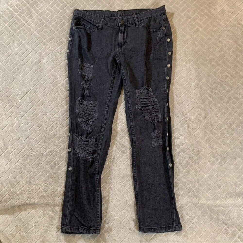 BDG Womens 30 Denim Jeans Black Relaxed Mom Tapered Leg Distressed Fray Studded